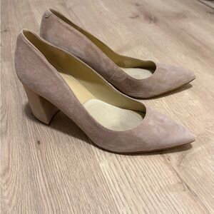 Marc Fisher Pointed Suede Block Heel Pumps in Blush Taupe